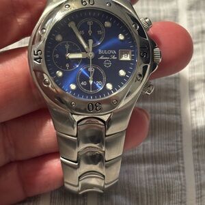 Bulova Men's Silver Stainless Steel Watch with Blue Dial
